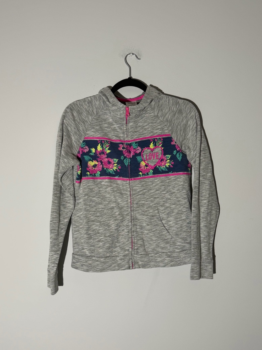 Danskin Girls Gray Zip-Up Hoodie with Floral Navy & Pink Panel Size XL (14-16)